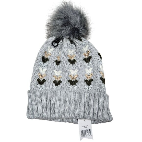 Unbranded NWT Knitted Winter Beanie With Pom Pom & Heart cable Pattern Gray - Picture 6 of 6